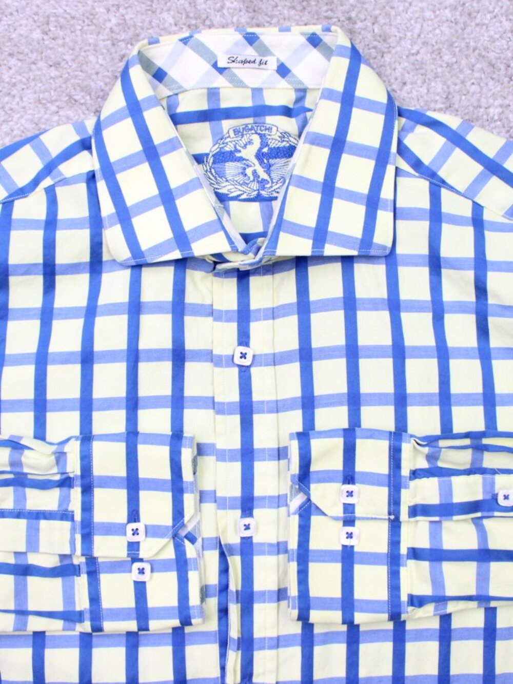 Bugatchi Shirt Mens Medium Blue/Yellow Checkered Shaped Fit Cotton Long Sleeve